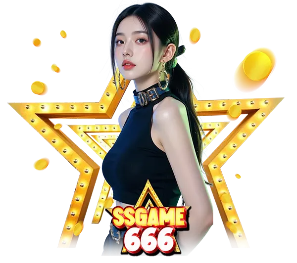 SSGAME666 นางแบบโทนพรีเมียม พื้นหลังดาวทอง เหรียญทองลอย ภาพลักษณ์เว็บสล็อตมืออาชีพ