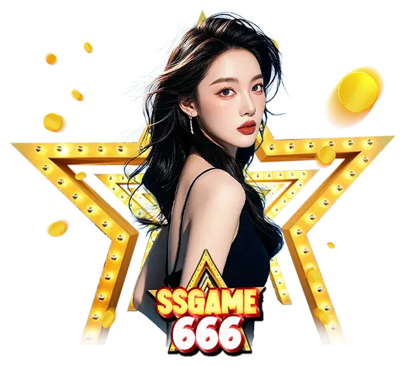 SSGAME666 สาวผมยาวสีน้ำเงิน-ดำ ในชุดสายเดี่ยว ยืนหน้าดาวดวงใหญ่สีทอง