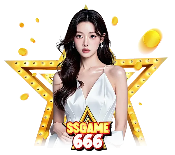 SSGAME666 สาวสวยผมยาวในชุดเดรสสีขาว วี-neck ยืนหน้าดาวดวงใหญ่สีทอง